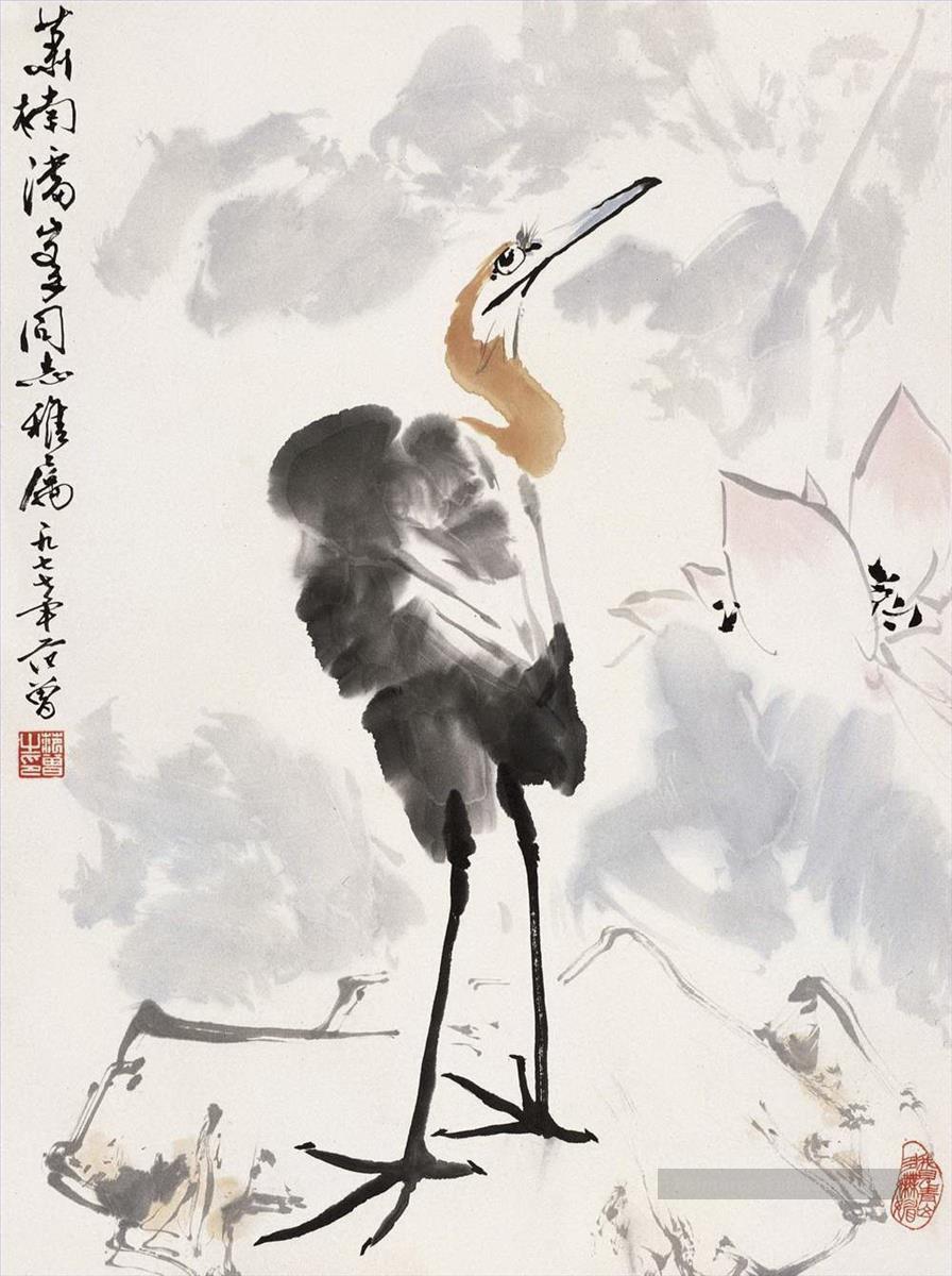 Grue de Fangzeng et lotus tradition chinoise Peintures à l'huile